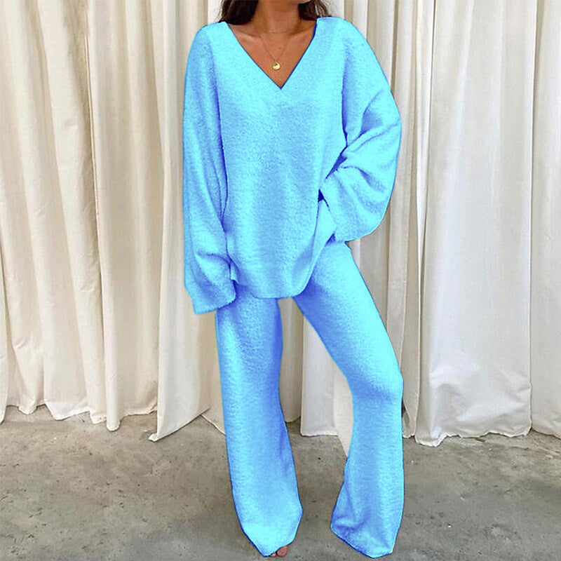 MULANA™ - Chic V-Neck Top and Wide Leg Pants Set