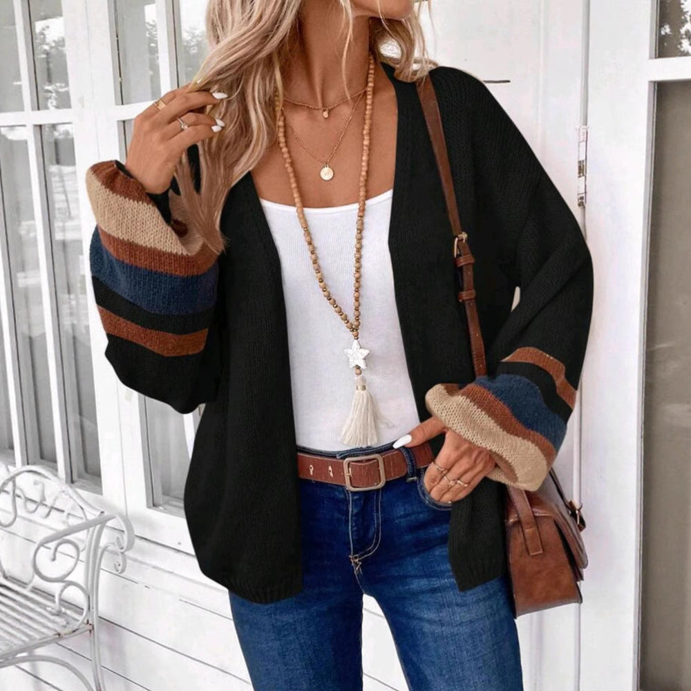 JANTHE™ - Comfy Open Front Striped Lantern Sleeve Cardigan
